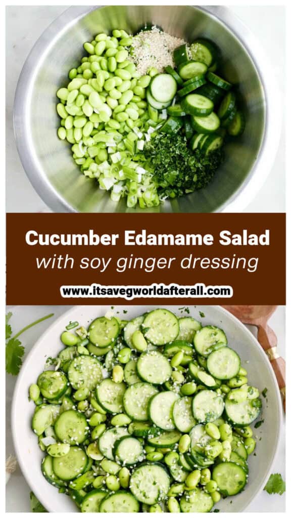 Cucumber edamame salad in a bowl and on a plate separated by text box with recipe name.