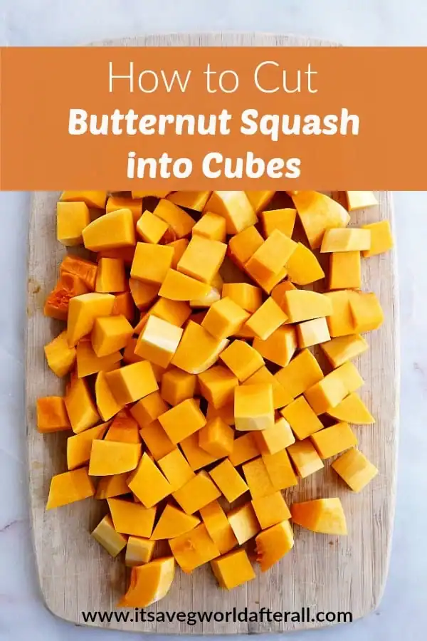 Cubed butternut squash on a cutting board. 