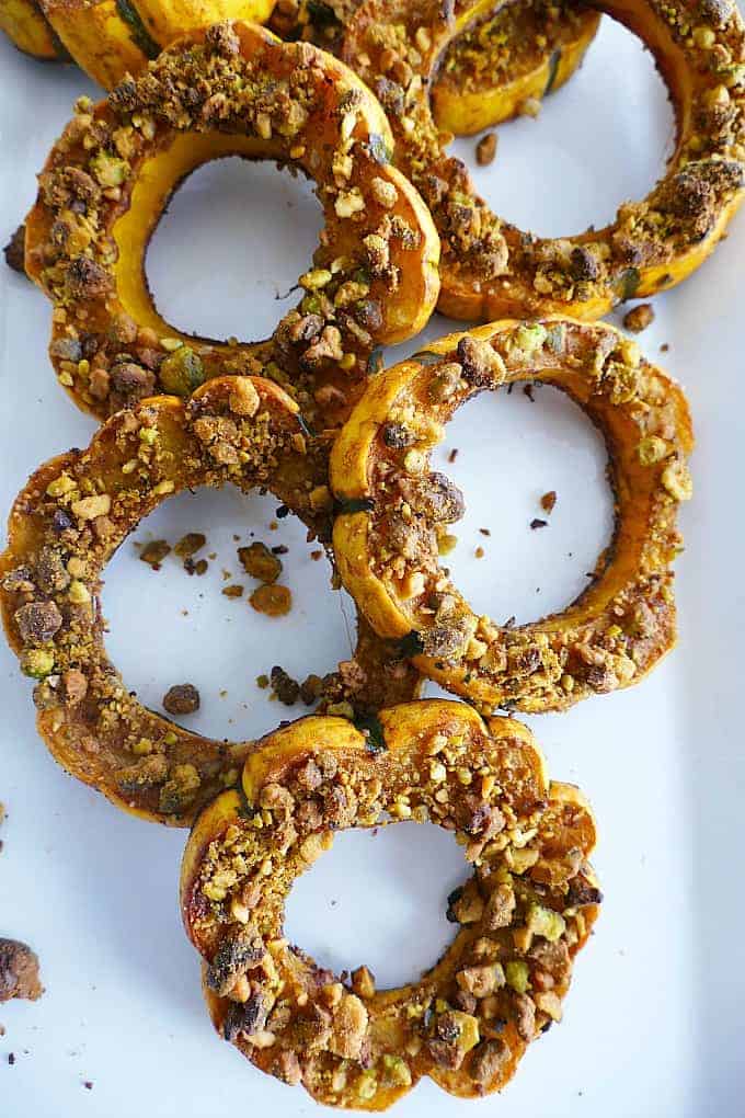 Rings of Pistachio Crusted Delicata Squash. 