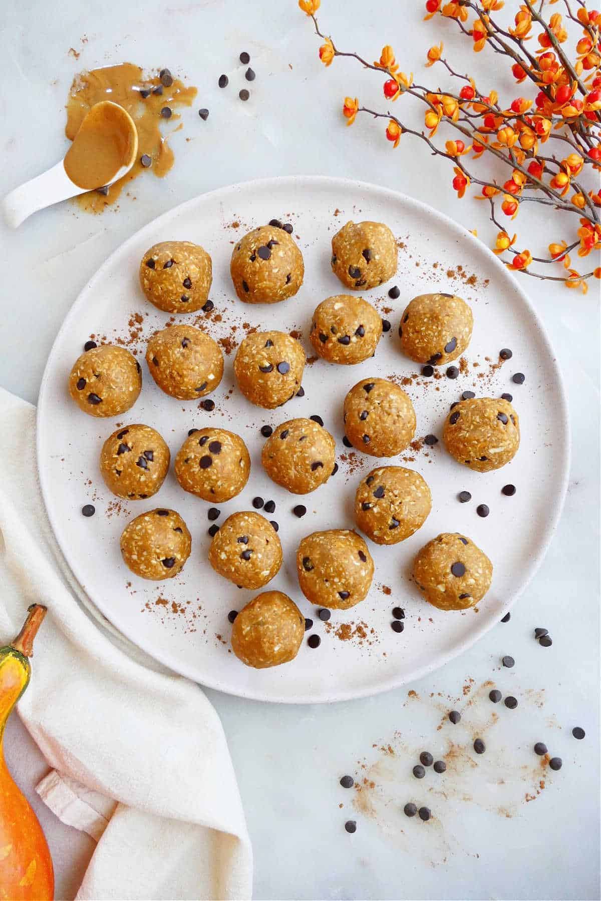 A white plate of pumpkin peanut butter balls with chocolate chips next to fall decor. 