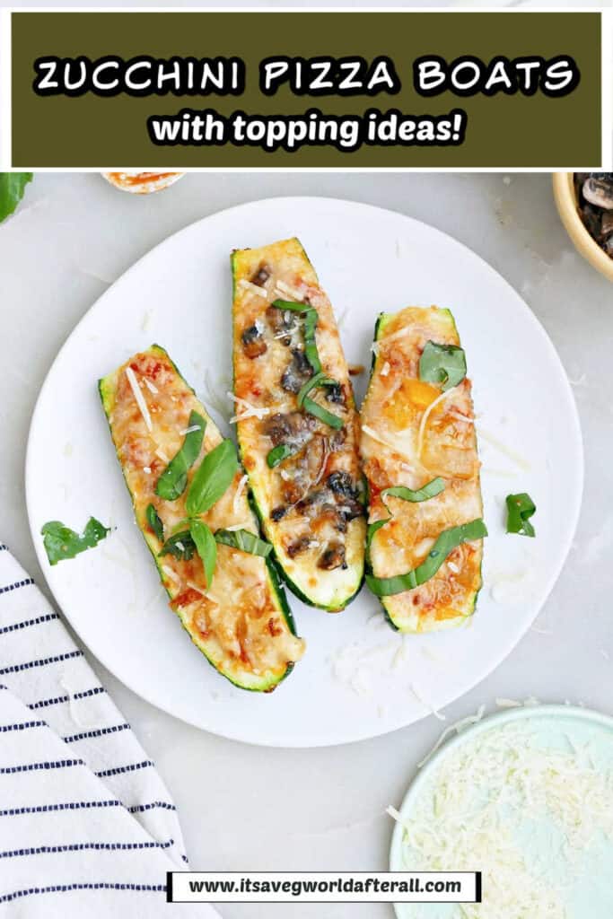 Zucchini pizza on a plate under text box with recipe name.