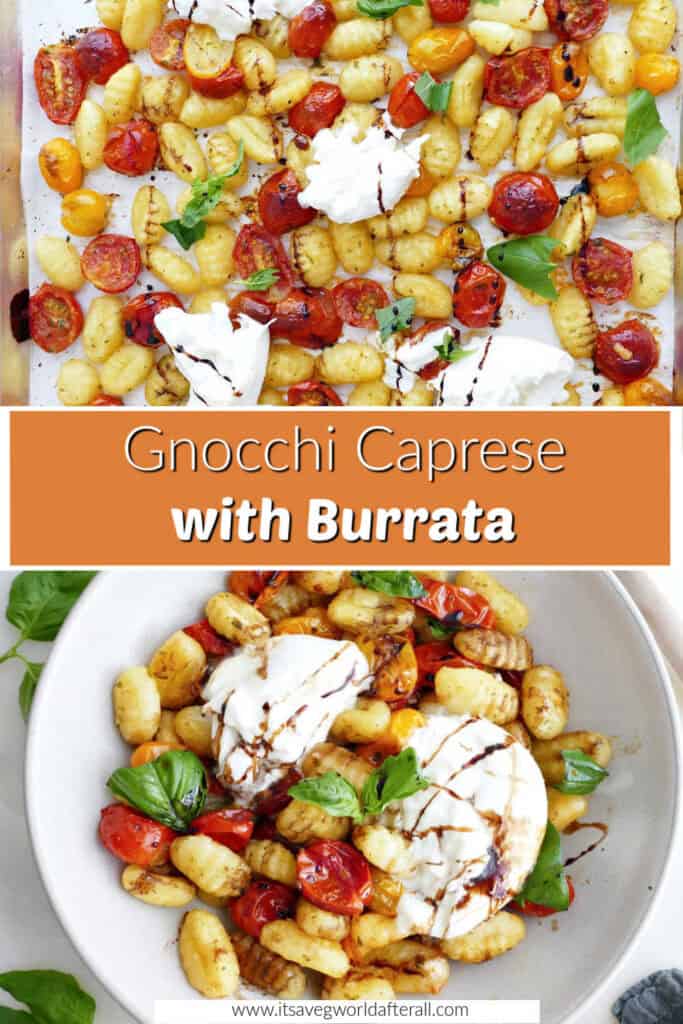 Tomatoes, gnocchi, and burrata on a sheet pan and in a bowl separated by text box.
