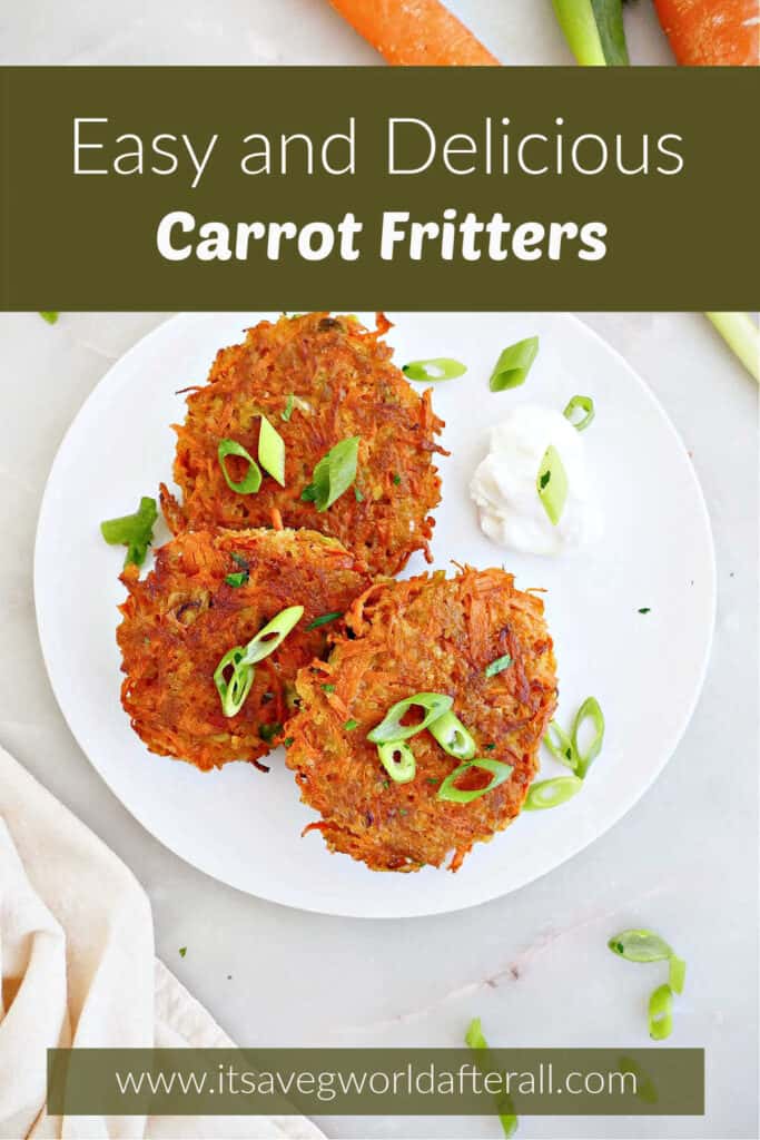 Three carrot fritters and yogurt on a plate with text boxes for recipe name and website.