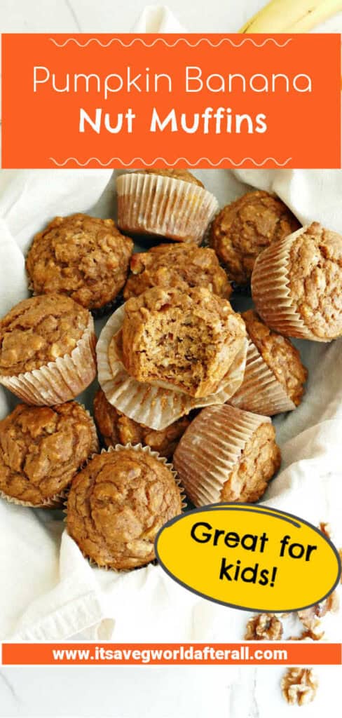 Basket of healthy banana nut pumpkin muffins with text boxes for recipe name and website.
