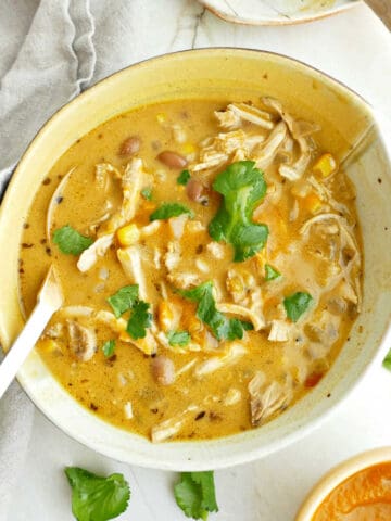 Pumpkin chicken soup with cilantro in a bowl with spoon surrounded by ingredients.