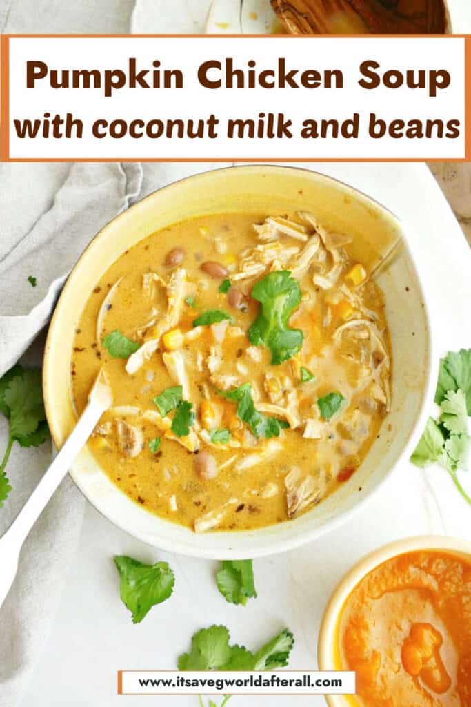 Pumpkin chicken soup with cilantro in a bowl under text box with recipe name.
