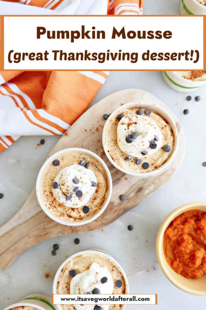 Pumpkin mousse cups on a counter with text boxes for recipe name and website.