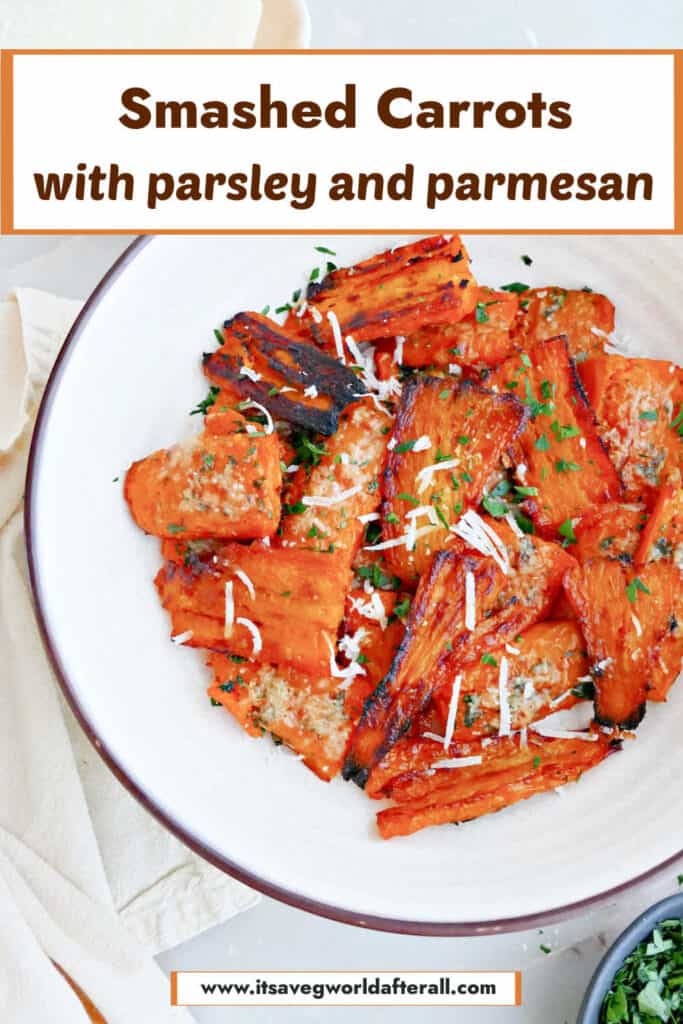 Smashed carrots in a bowl with text boxes for recipe name and website.