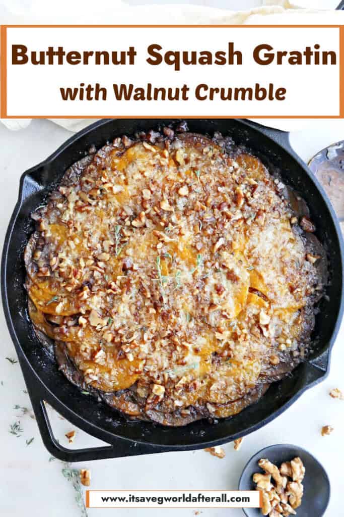 Squash gratin in a skillet with text boxes for recipe and website name.