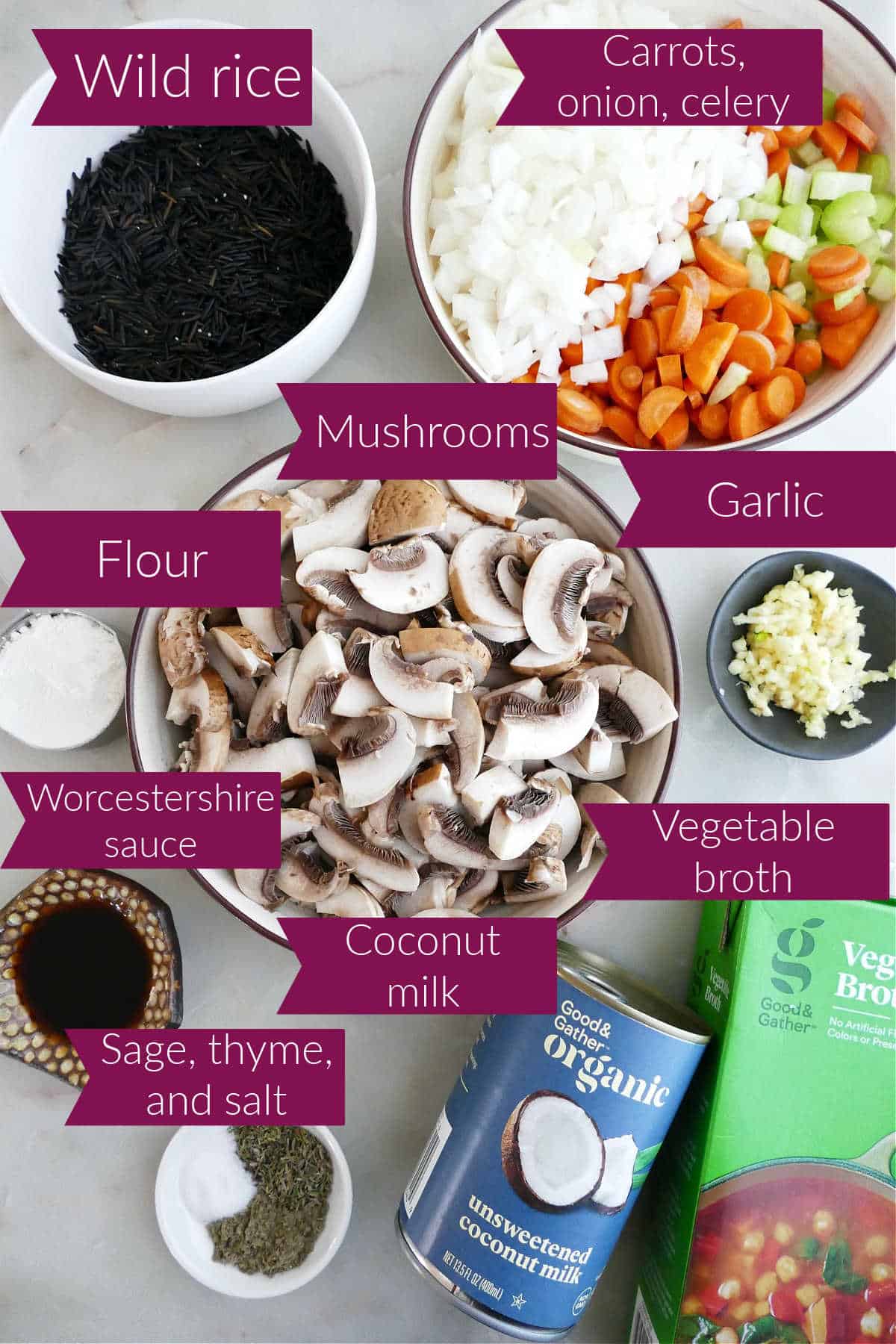 Wild rice, mirepoix, flour, mushrooms, garlic, Worcestershire, spices, coconut milk, and vegetable broth on a counter.