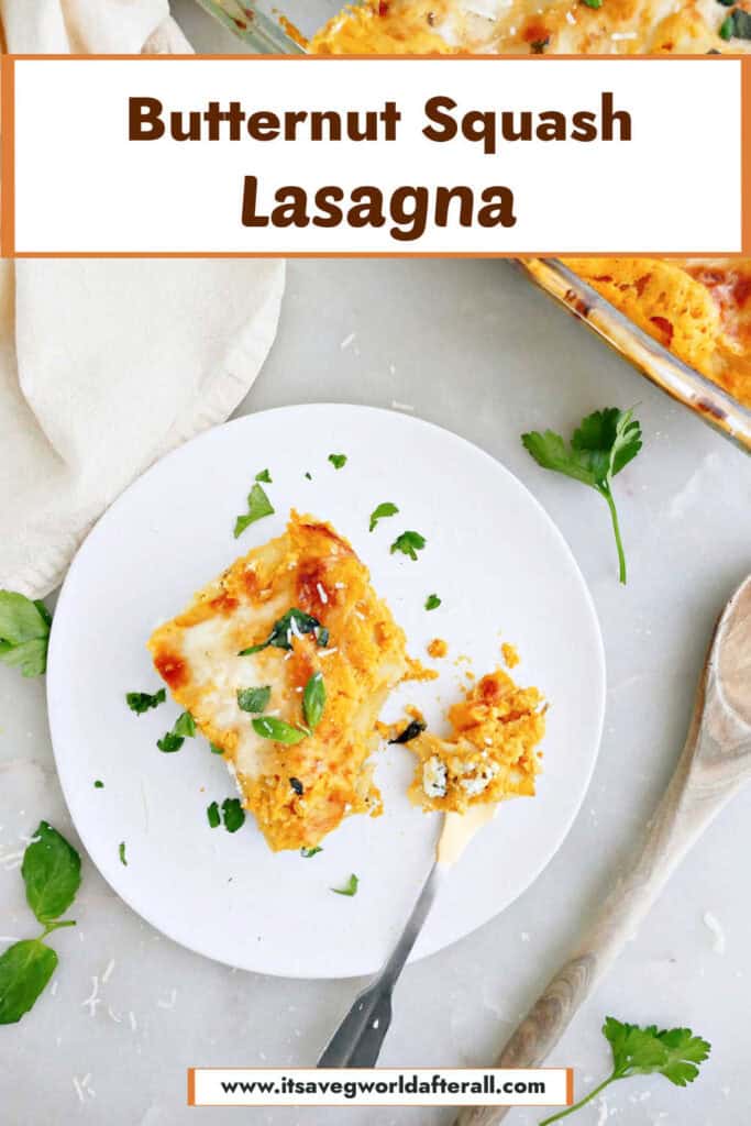 Piece of squash lasagna on a plate with text boxes for recipe name and website.