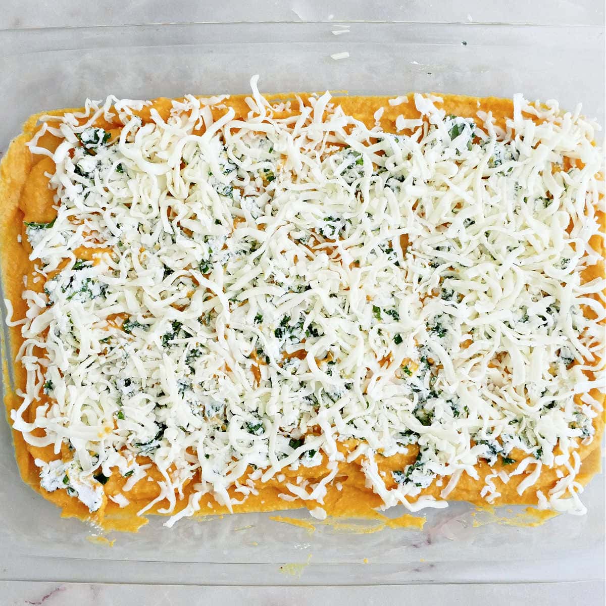 Ricotta and mozzarella cheeses sprinkled on top of lasagna noodles and sauce in a dish.