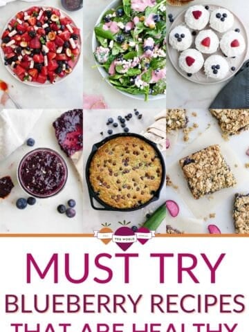 Six image collage of healthy blueberry recipes with text.