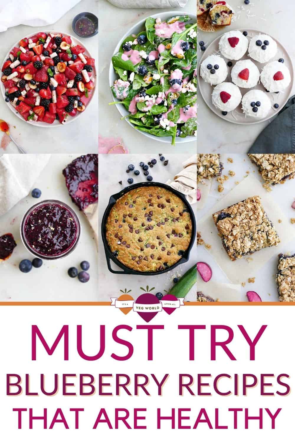 Six image collage of healthy blueberry recipes with text.