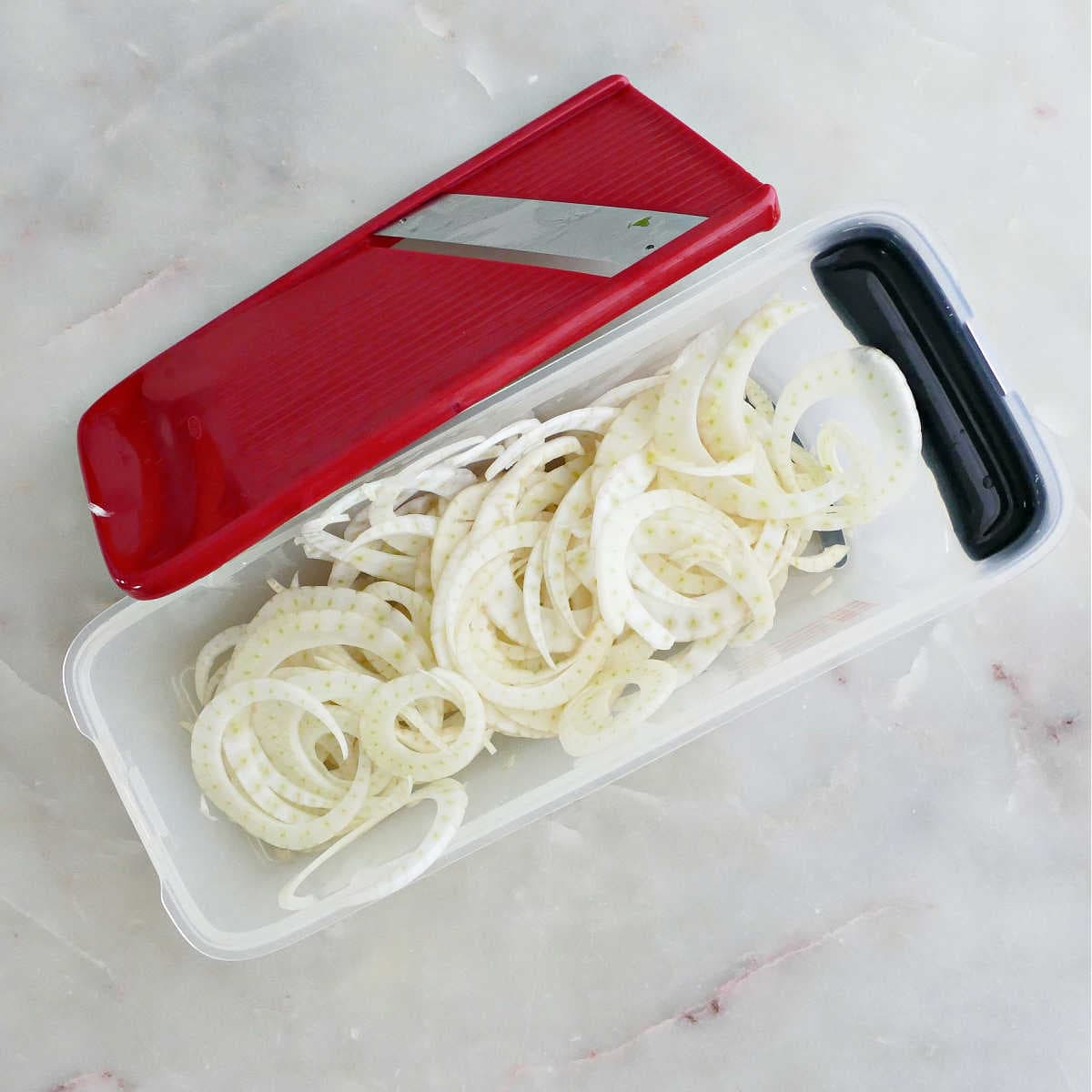 Thinly shaved fennel in a mandoline.