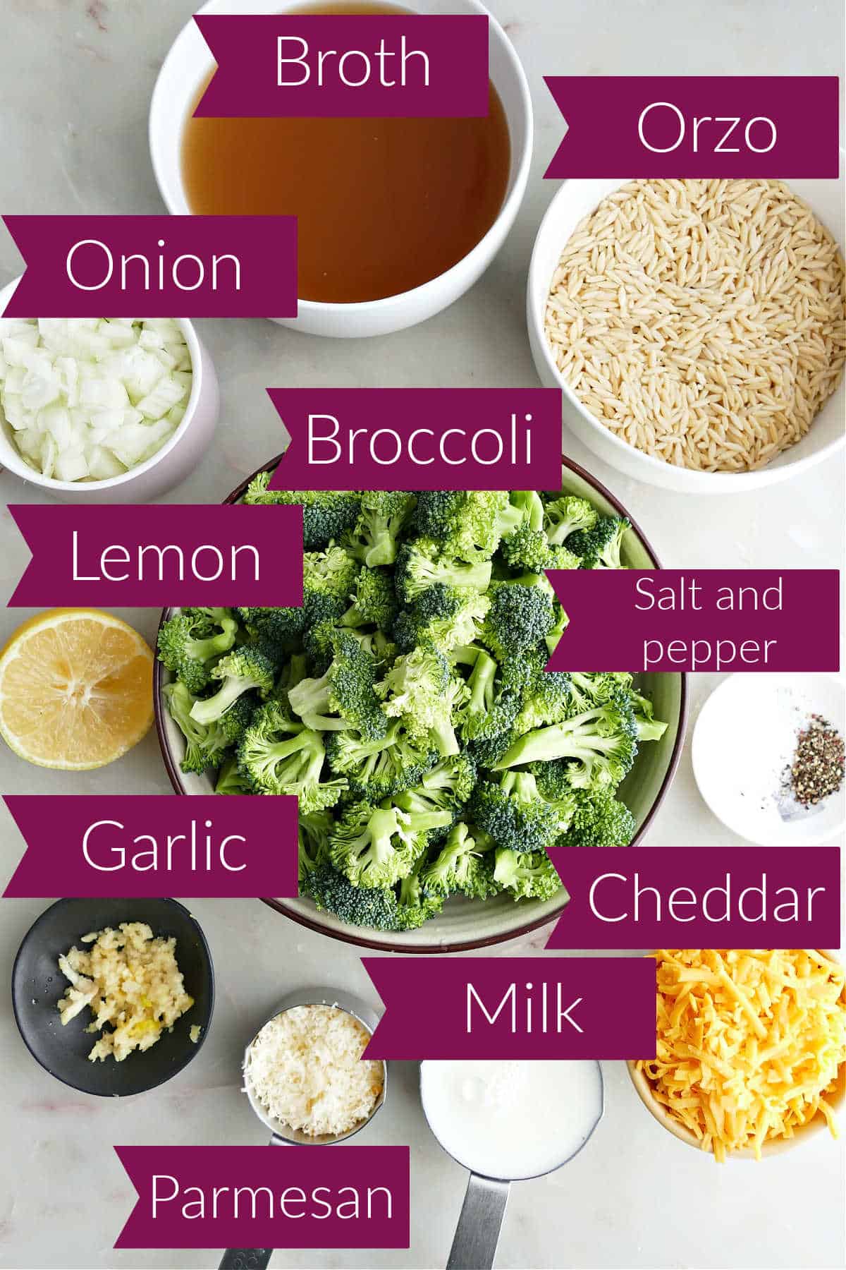 Onion, broth, orzo, lemon, broccoli, salt and pepper, garlic, parmesan, milk, and cheddar with labels.