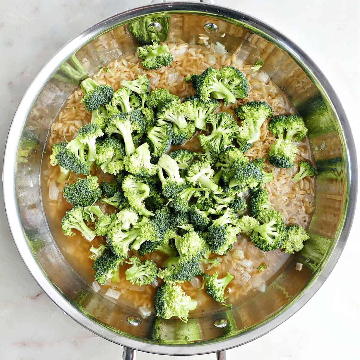 Onion, garlic, orzo, broccoli, and broth added to a skillet.