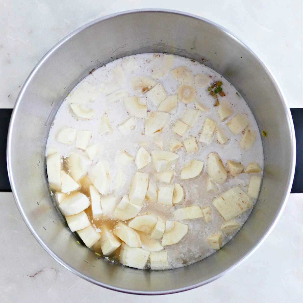 Parsnips, coconut milk, and broth added to a soup pot.