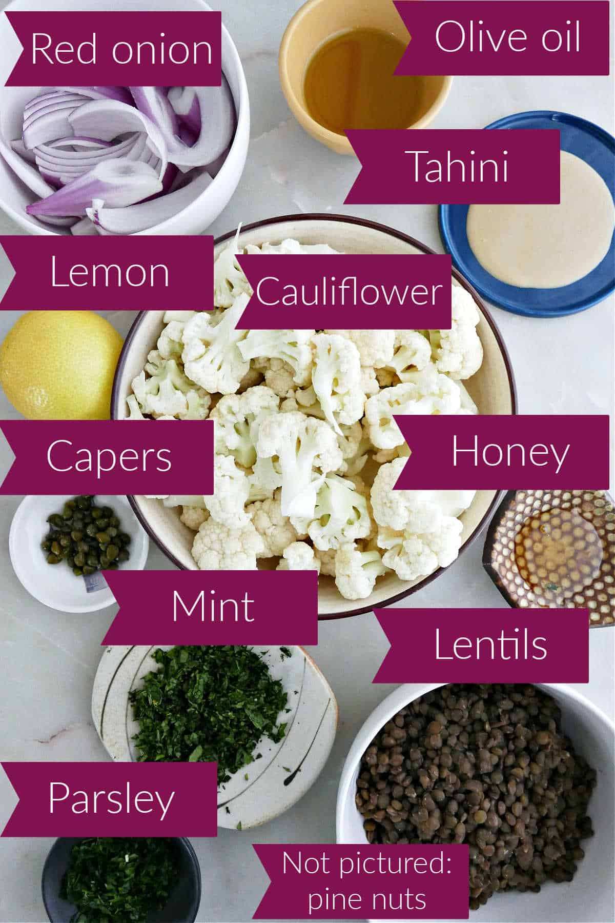 Onion, olive oil, tahini, lemon, cauliflower, capers, honey, mint, lentils, and parsley with labels.