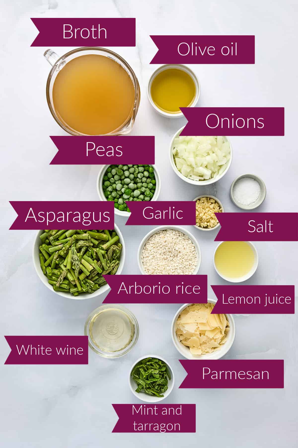 Broth, oil, peas, onions, garlic, salt, asparagus, rice, lemon juice, wine, parmesan, and herbs in bowls.