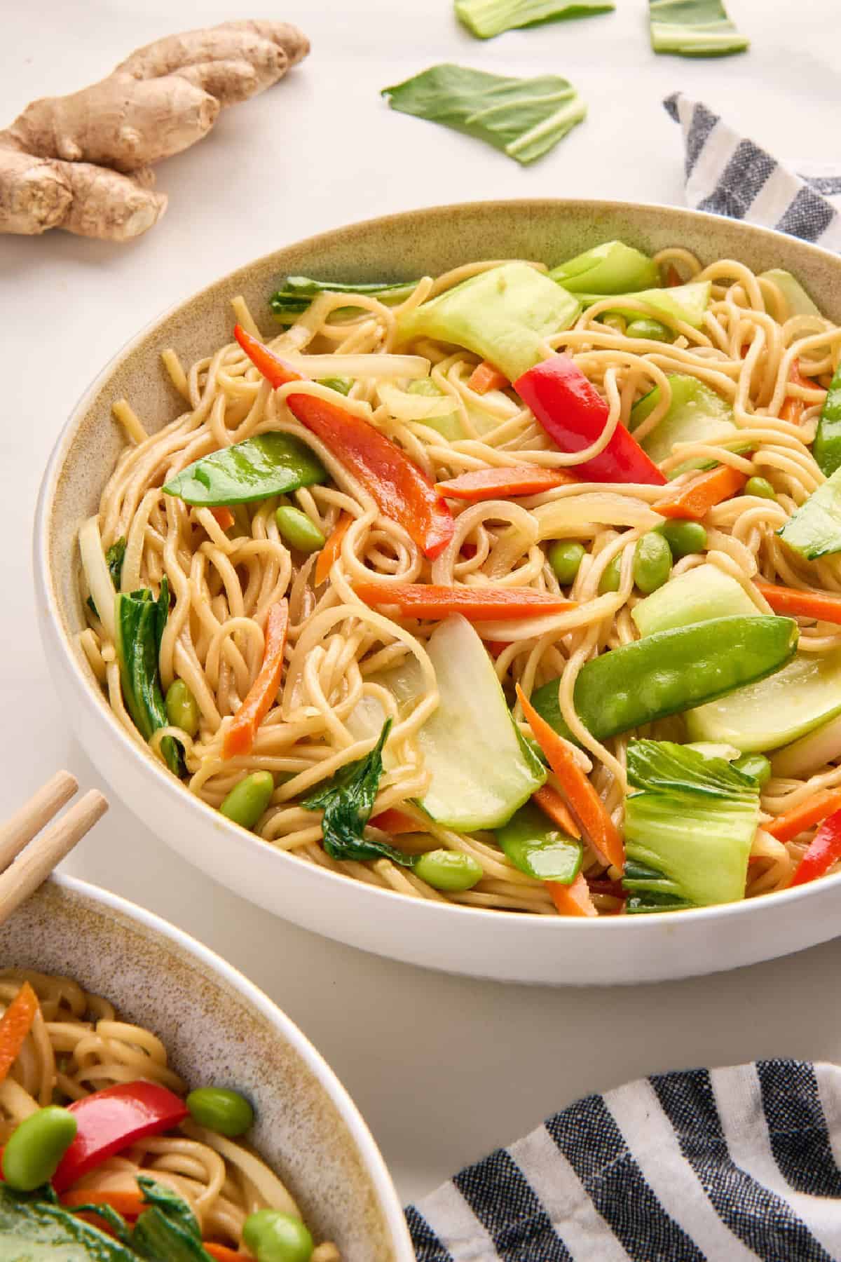 Vegetable and lo mein noodle stir fry in a bowl.