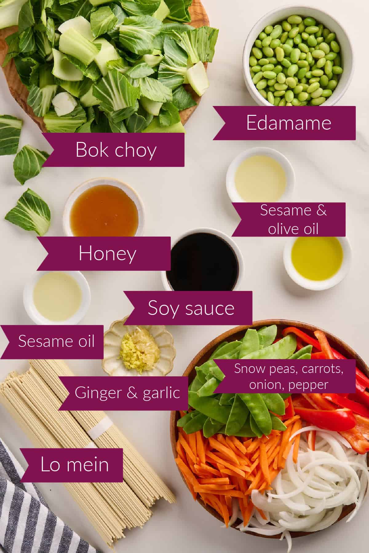 Bok choy, edamame, honey, oils, soy sauce, lo mein noodles, garlic and ginger, and vegetables.