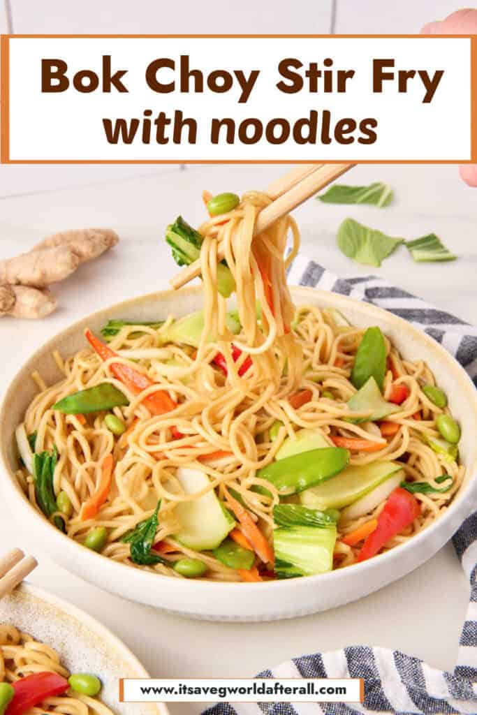 Woman picking up stir fry with chopsticks with text boxes for recipe name and website.