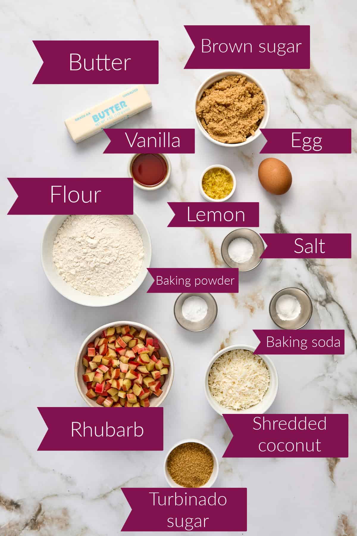 Ingredients for rhubarb cookies on a counter with labels.