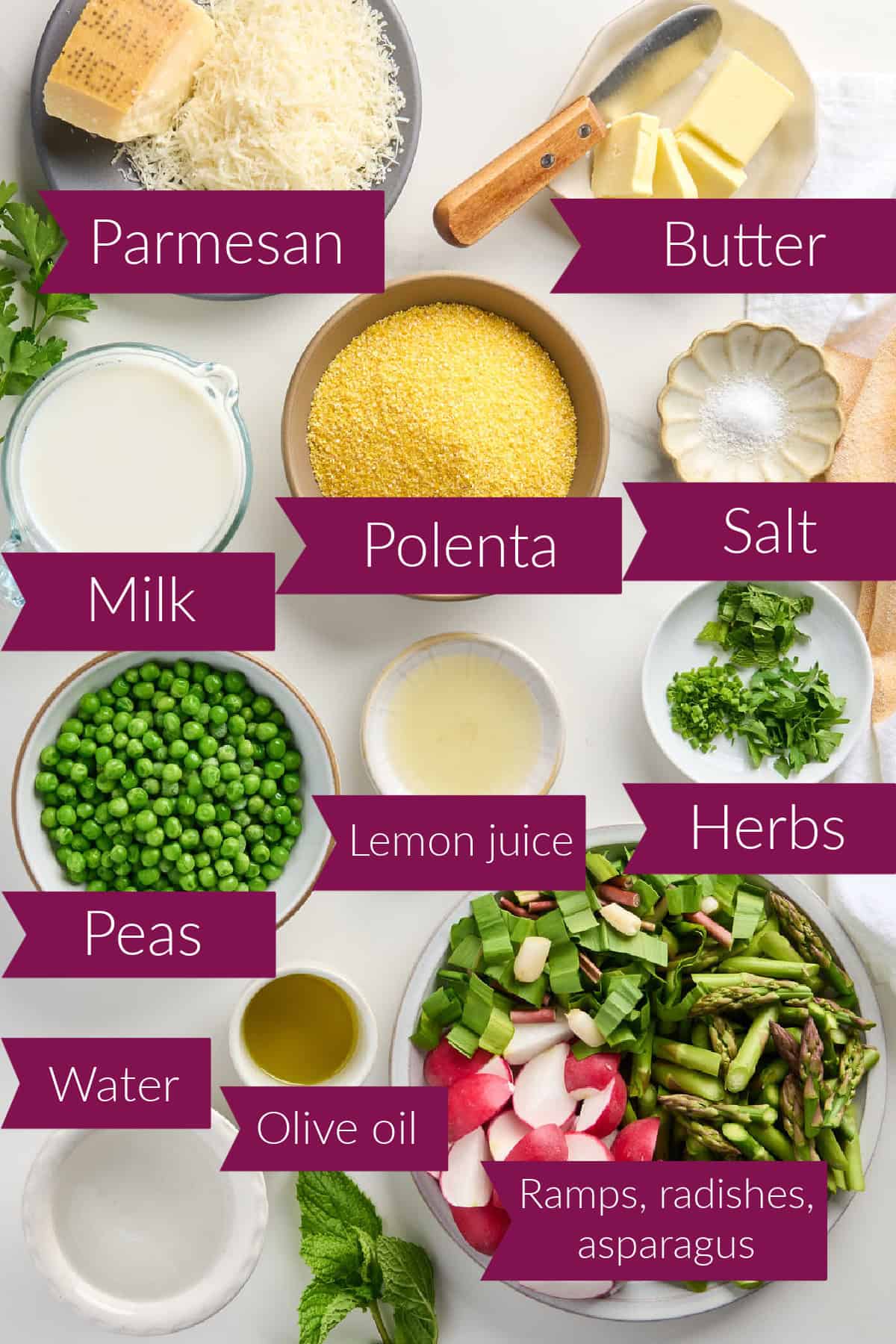 Parmesan, butter, milk, polenta, salt, peas, lemon juice, herbs, water, oil, and spring vegetables in bowls.