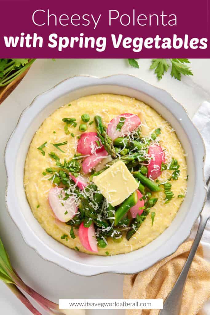Polenta with veggies in a bowl with text boxes for recipe name and website.