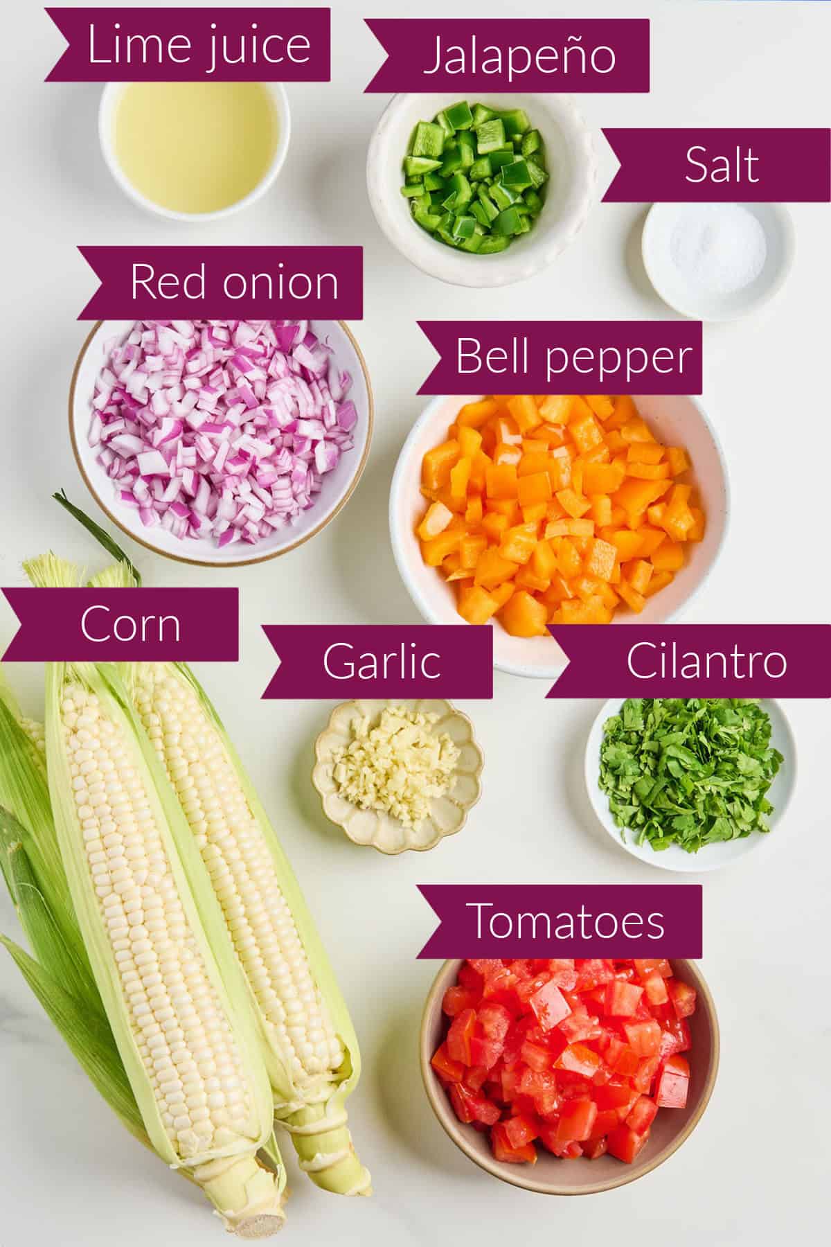Lime juice, jalapeño, salt, red onion, bell pepper, corn, garlic, cilantro, and tomatoes with labels.