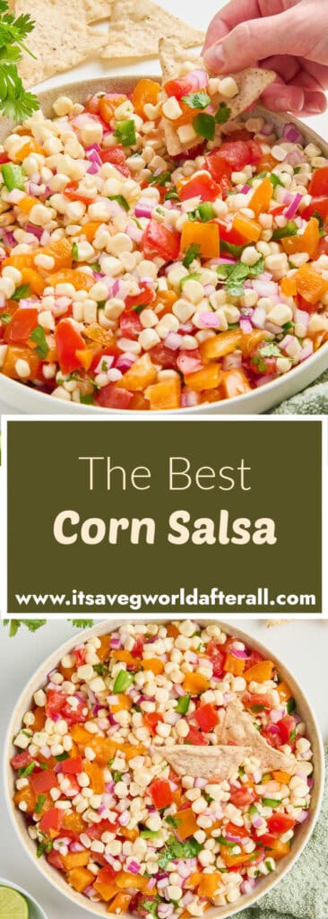 Salsa scooped with a chip and in a bowl separated by text box with recipe name.