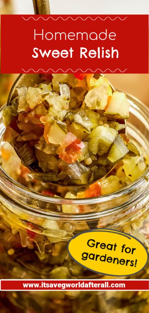 Sweet relish on a spoon with text boxes for recipe name and website.