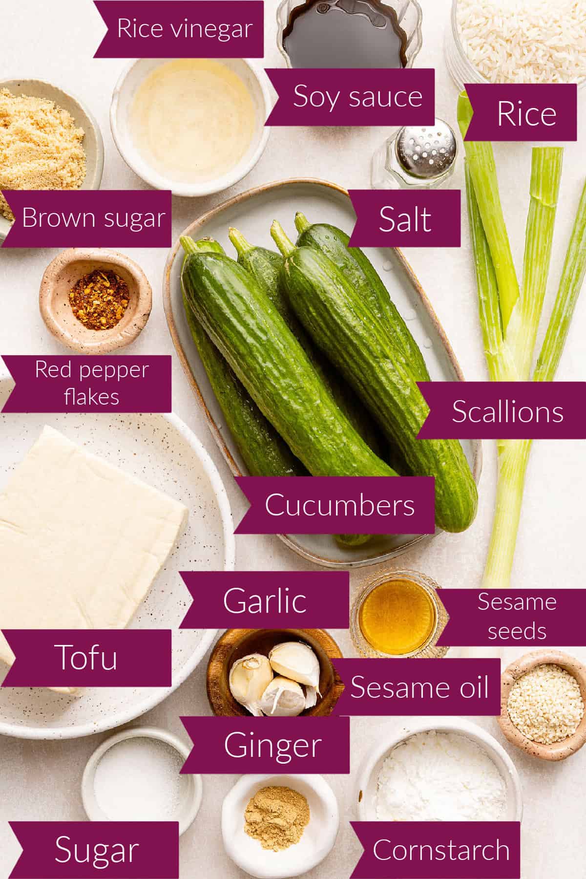 Sugars, vinegar, soy sauce, seasonings, cucumbers, scallions, rice, tofu, and cornstarch with labels.
