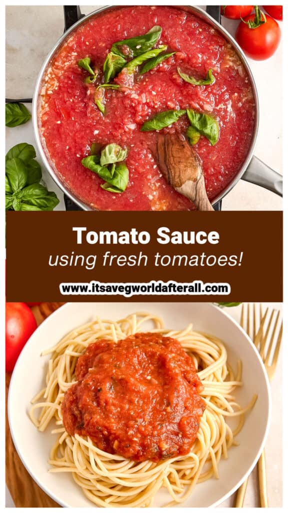 Tomato sauce cooking in a pot and over spaghetti with text box for recipe name.