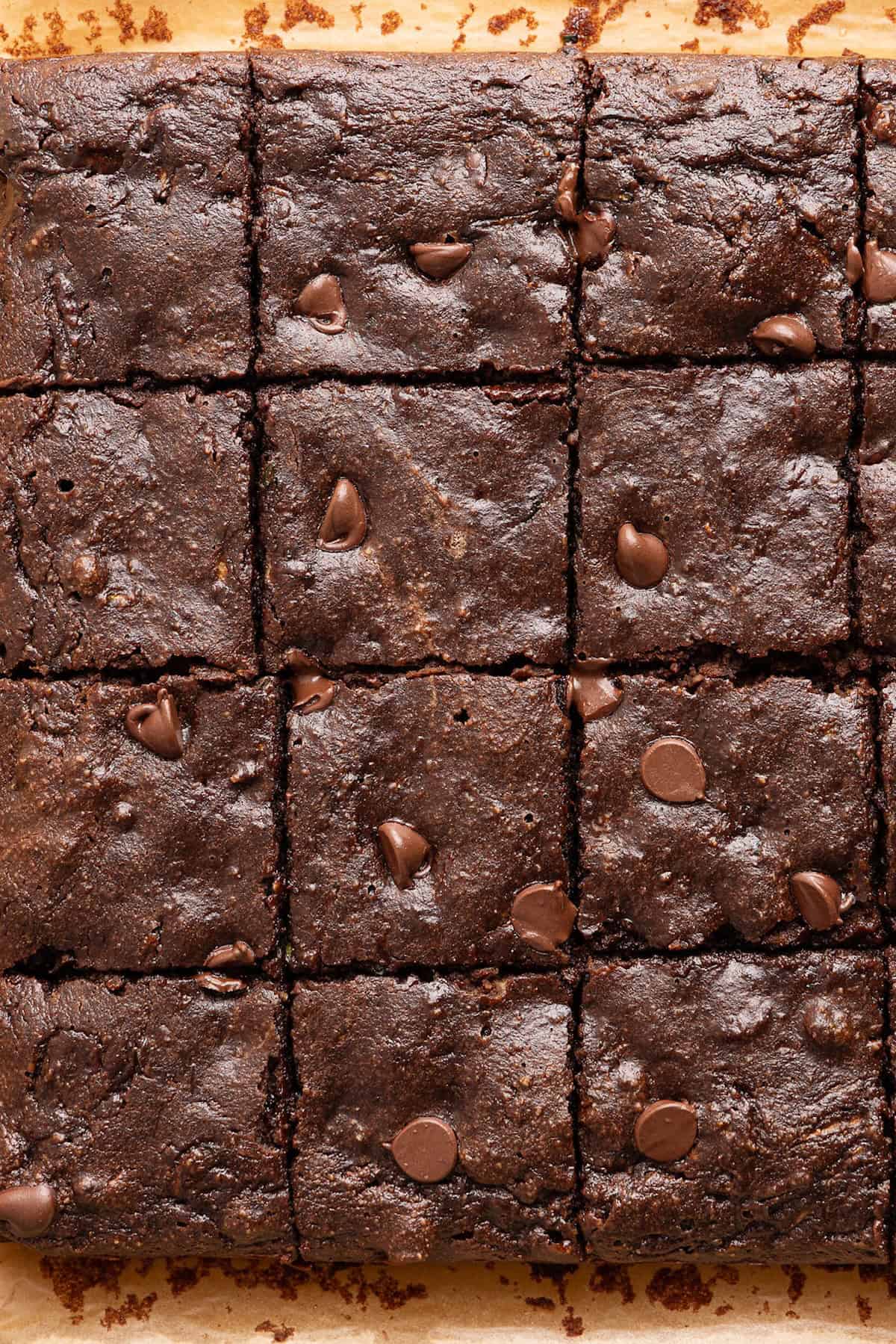 Nine square zucchini brownies with chocolate chips after being sliced on a cutting board.