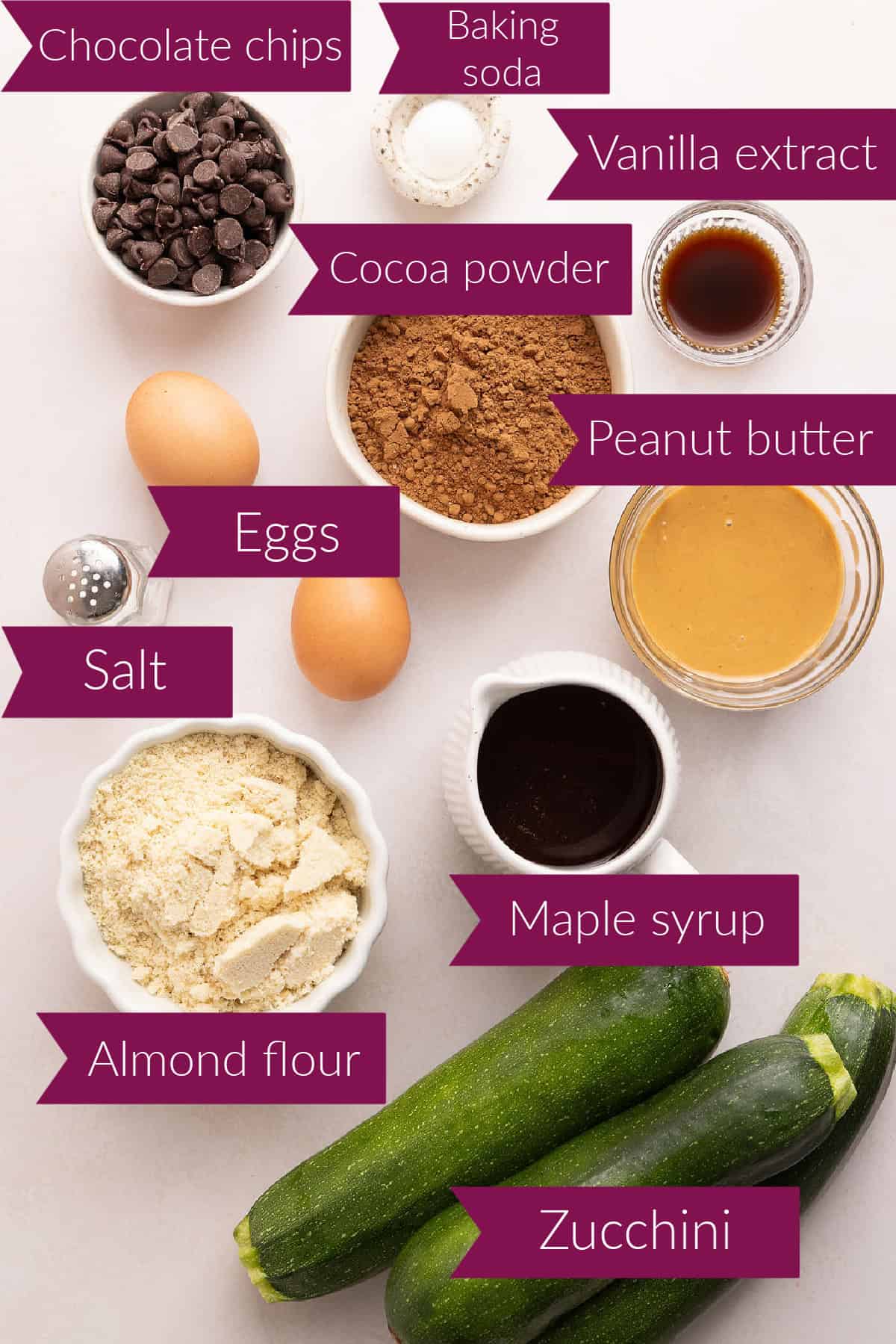 Chocolate chips, baking soda, vanilla, cocoa powder, salt, eggs, peanut butter, almond flour, syrup, and zucchini.