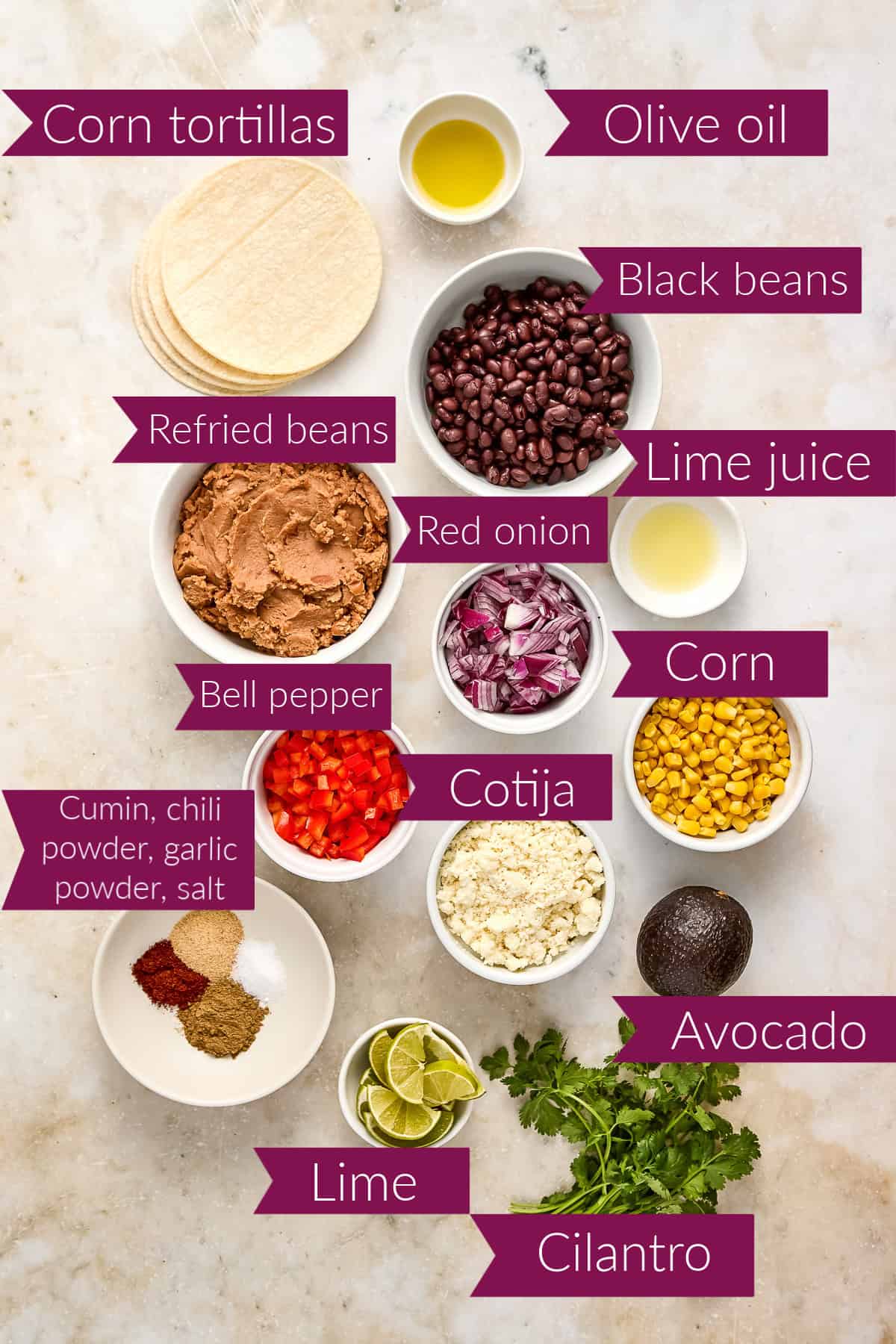 Tortillas, oil, beans, onion, lime, pepper, cheese, corn, spices, avocado, and cilantro with labels.