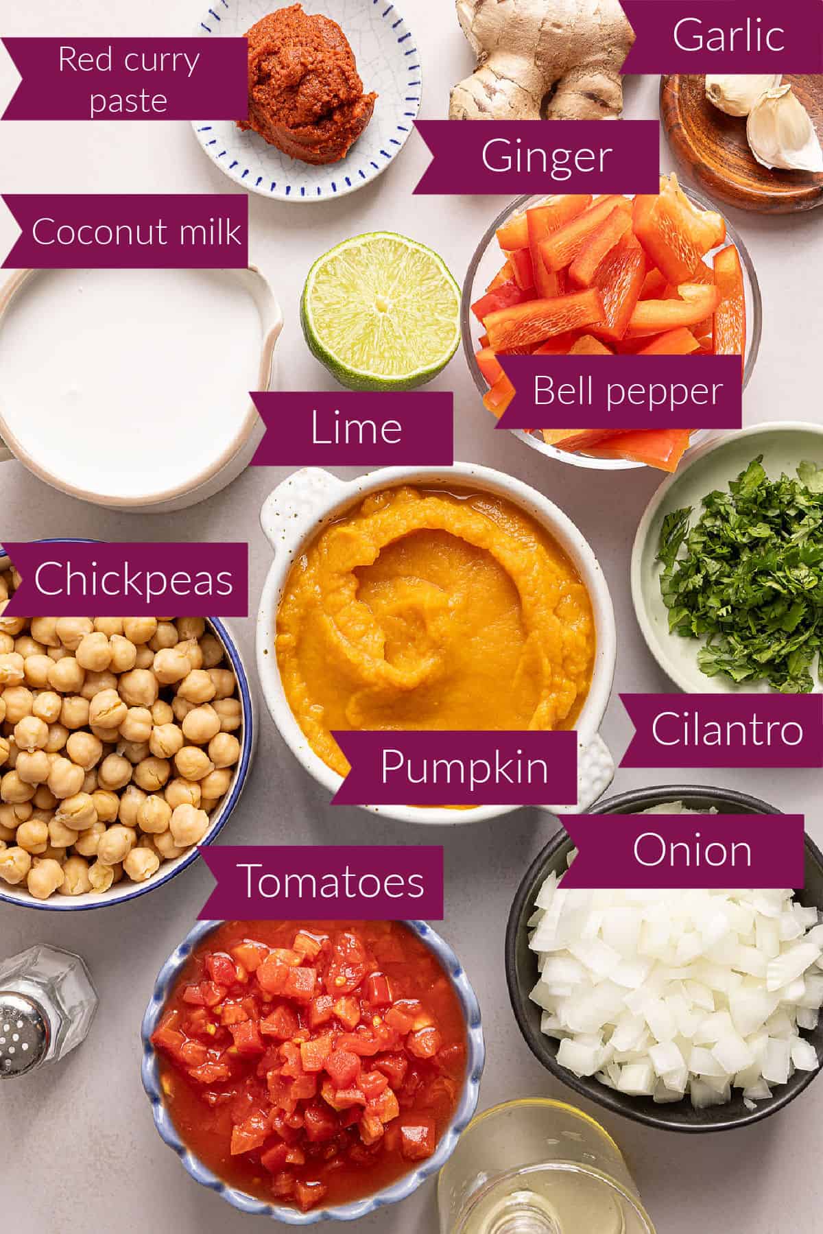 Curry paste, ginger, garlic, coconut milk, lime, peppers, chickpeas, pumpkin, cilantro, tomatoes, and onion with labels.