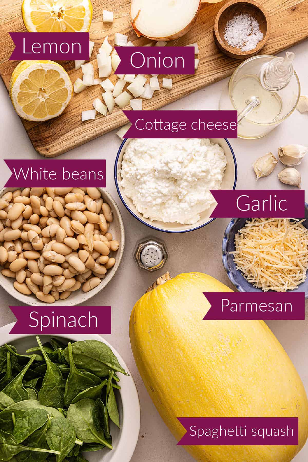 Lemon, onion, white beans, cottage cheese, garlic, parmesan, spinach, and spaghetti squash with labels.